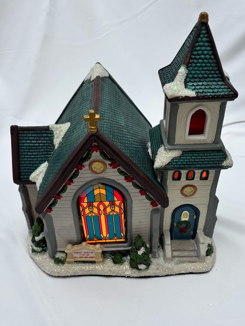 St. Nicholas Square Stained Glass Church Lights Holiday  Christmas Village